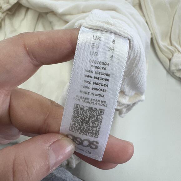 ASOS Blouse Womens US 4 Ivory Peasant Boho Tassel Tie Ruffle Hem Long Sleeve - Picture 4 of 6